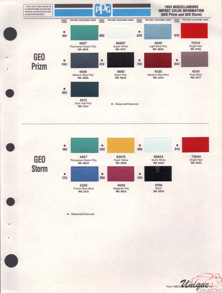 1993 GM GEO Paint Charts PPG 2